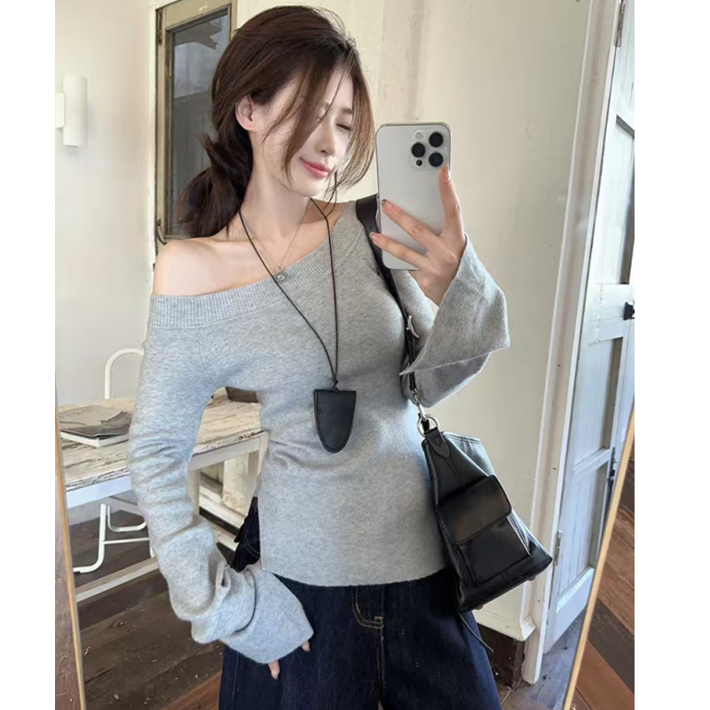 Strapless short tops sloping shoulder autumn sweater for women