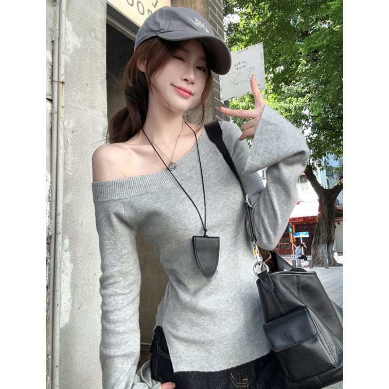 Strapless short tops sloping shoulder autumn sweater for women