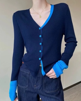 Mixed colors splice V-neck tops Western style all-match sweater