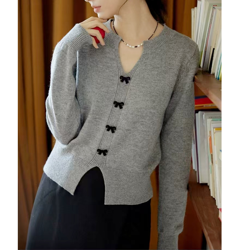 Bow buckle autumn and winter sweet split tops for women