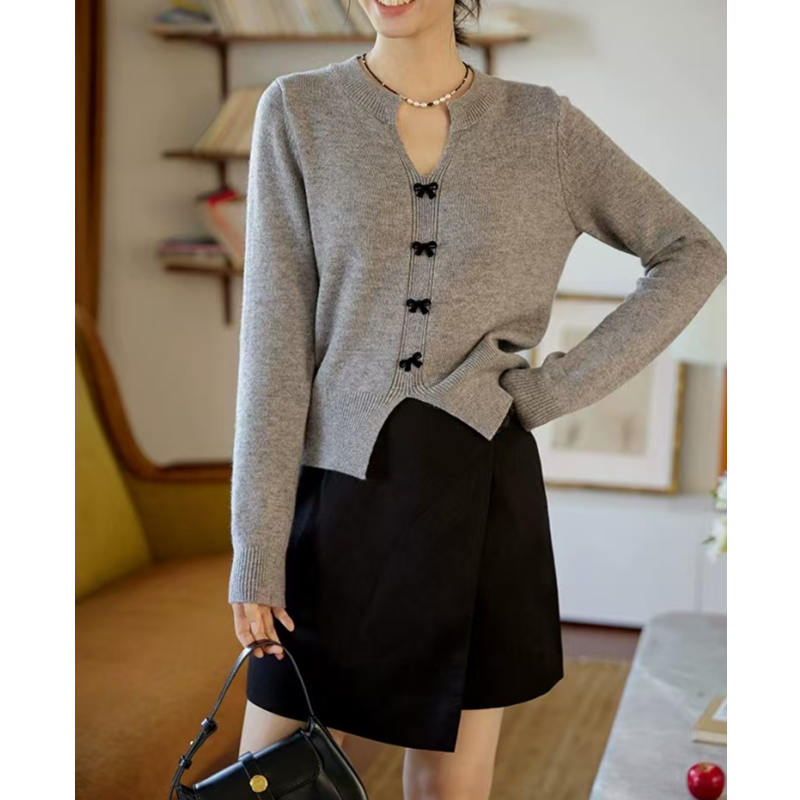 Bow buckle autumn and winter sweet split tops for women