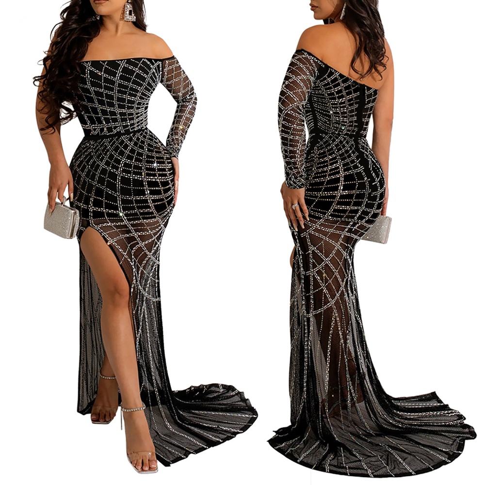 Nightclub rhinestone sexy European style high split dress