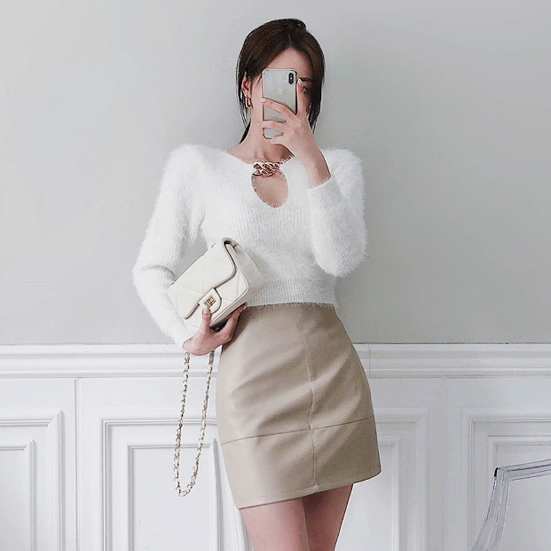 Mohair knitted sweater high waist tops for women