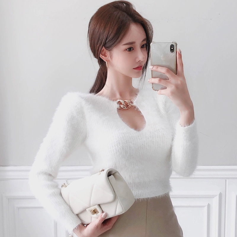 Mohair knitted sweater high waist tops for women