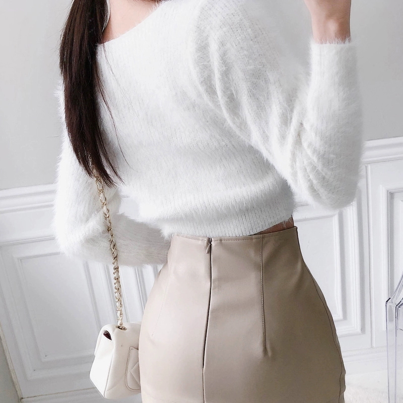 Mohair knitted sweater high waist tops for women