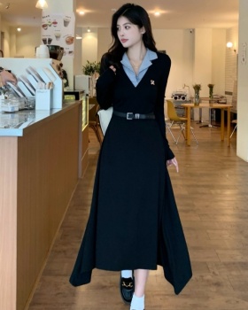 Korean style slim dress splice lapel long dress for women