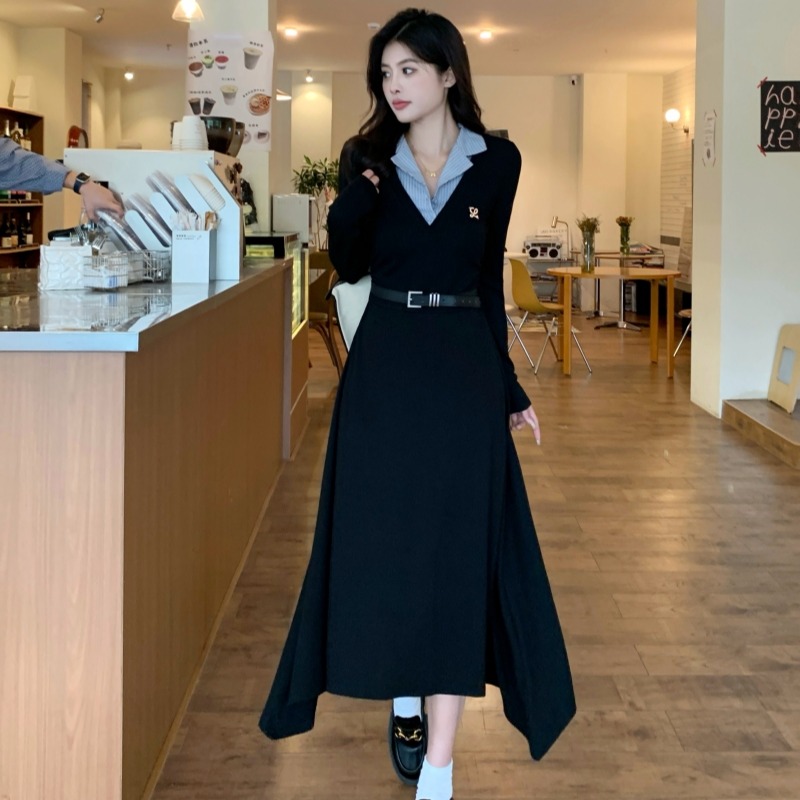 Korean style slim dress splice lapel long dress for women