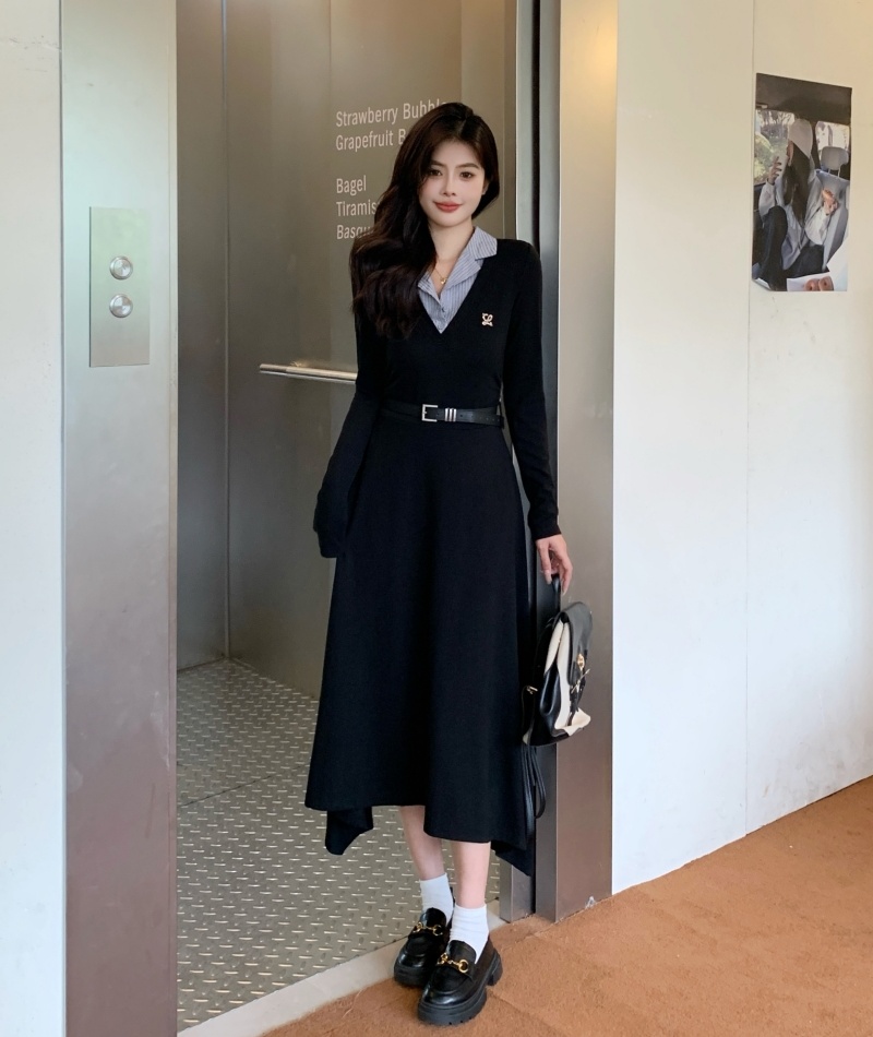 Korean style slim dress splice lapel long dress for women