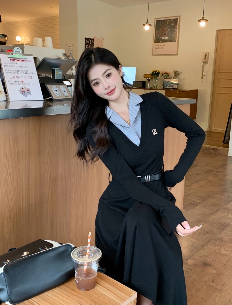 Korean style slim dress splice lapel long dress for women