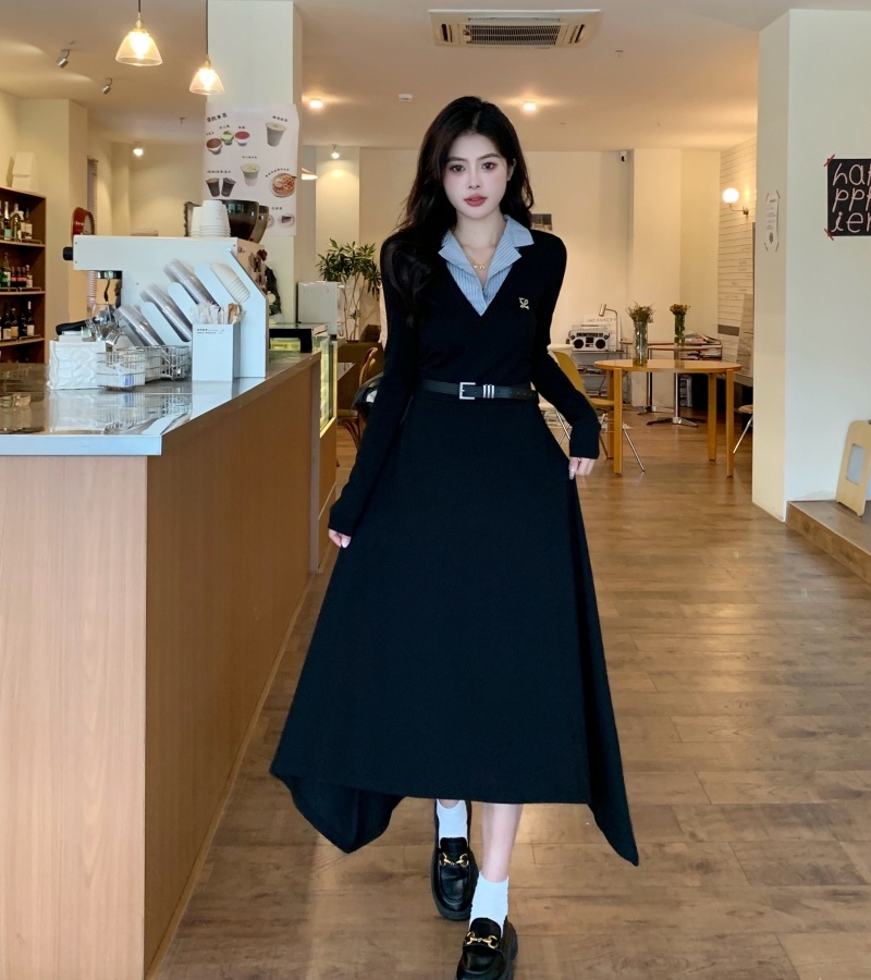 Korean style slim dress splice lapel long dress for women