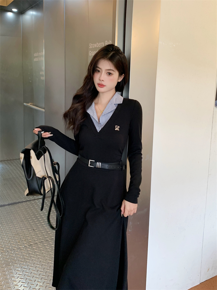 Korean style slim dress splice lapel long dress for women