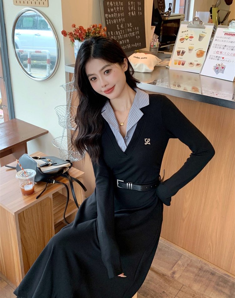 Korean style slim dress splice lapel long dress for women