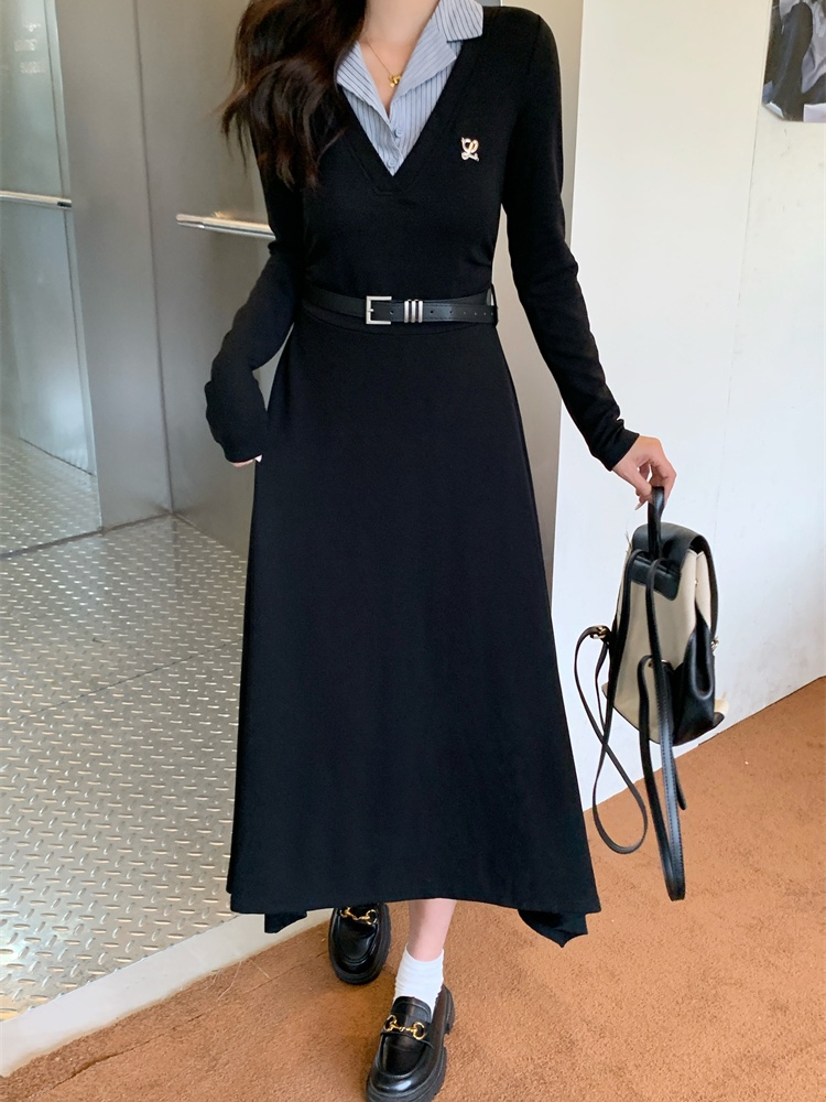 Korean style slim dress splice lapel long dress for women