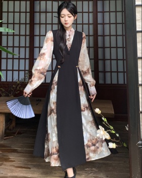 Chinese style black printing autumn dress for women