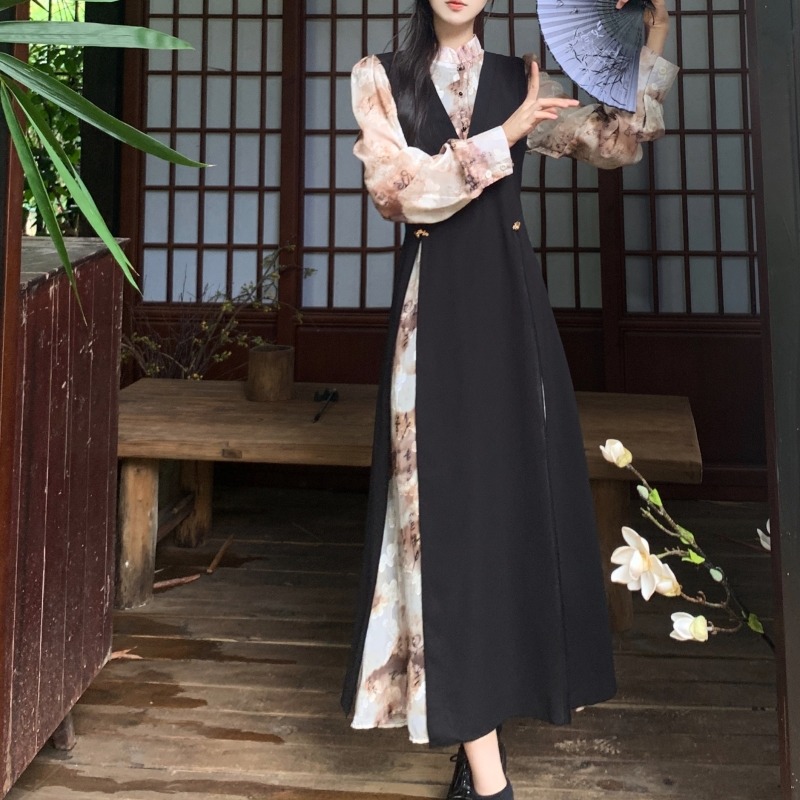 Chinese style black printing autumn dress for women