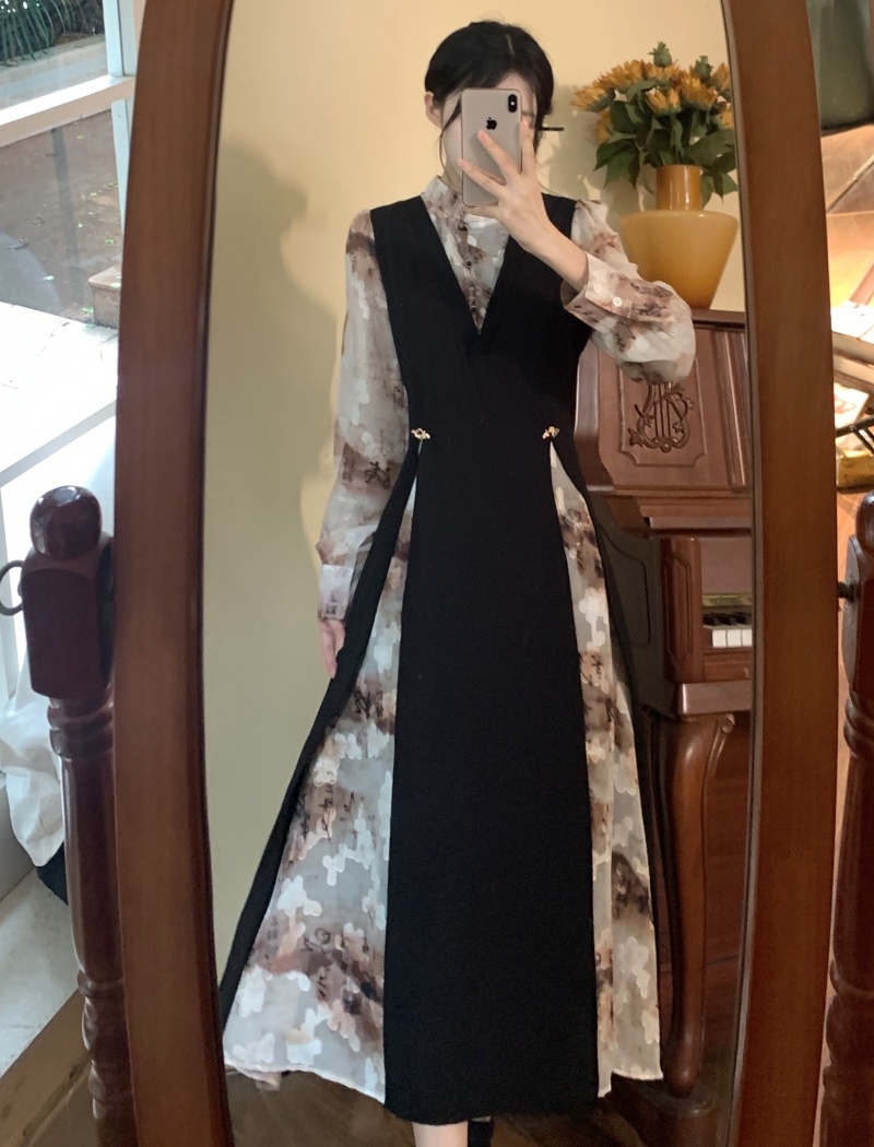 Chinese style black printing autumn dress for women