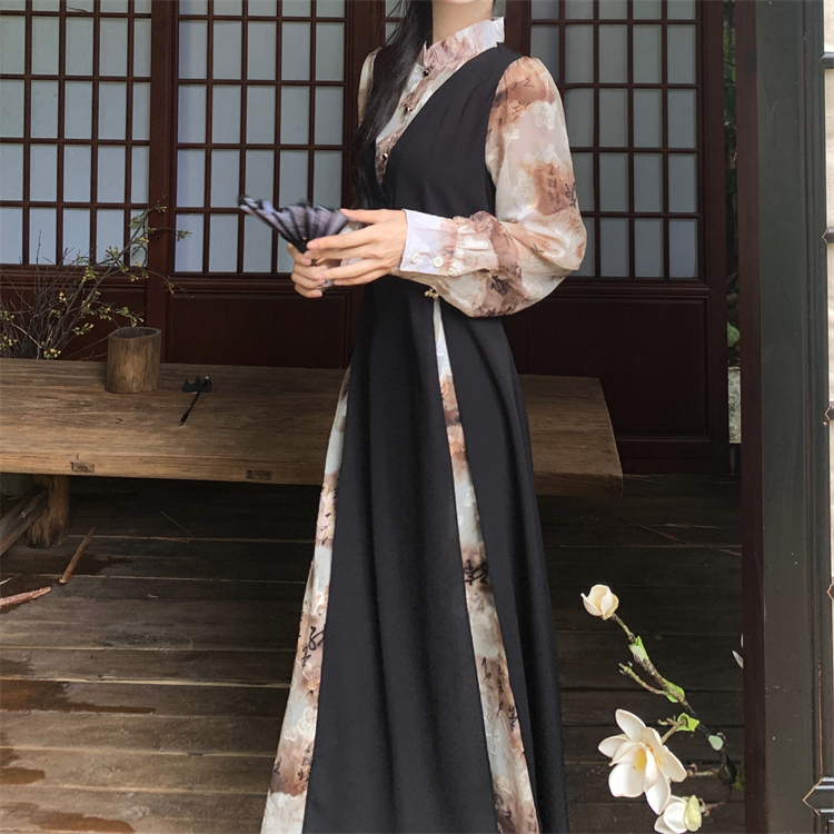 Chinese style black printing autumn dress for women