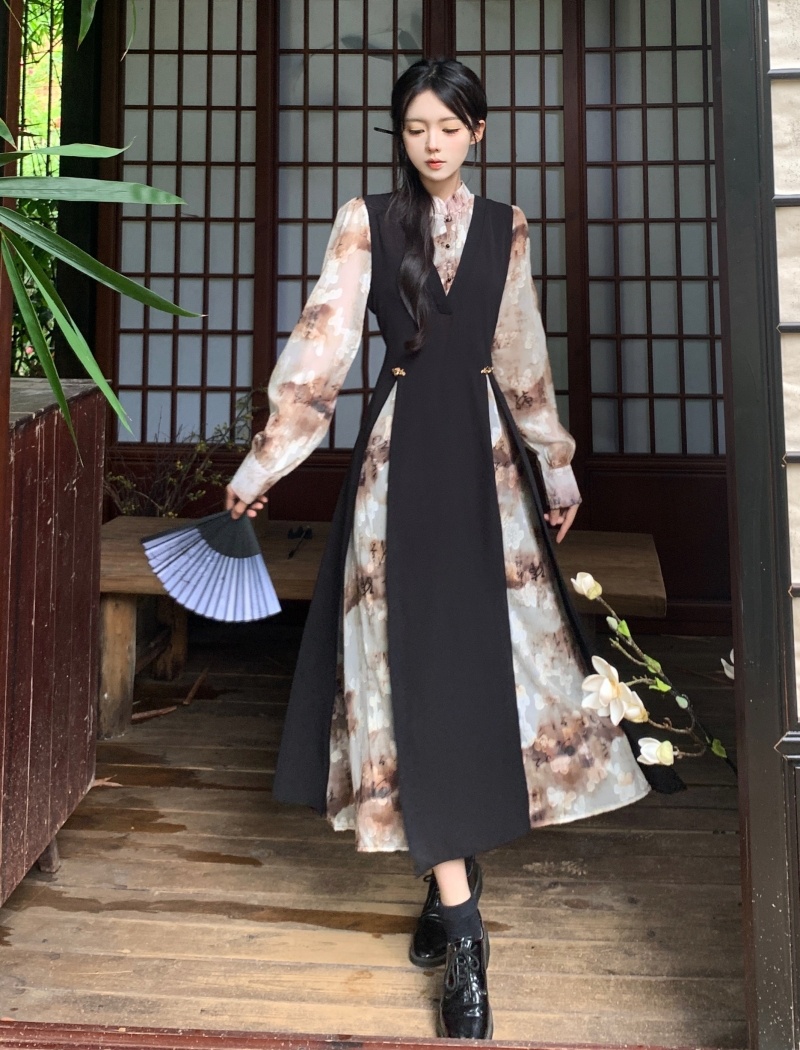 Chinese style black printing autumn dress for women