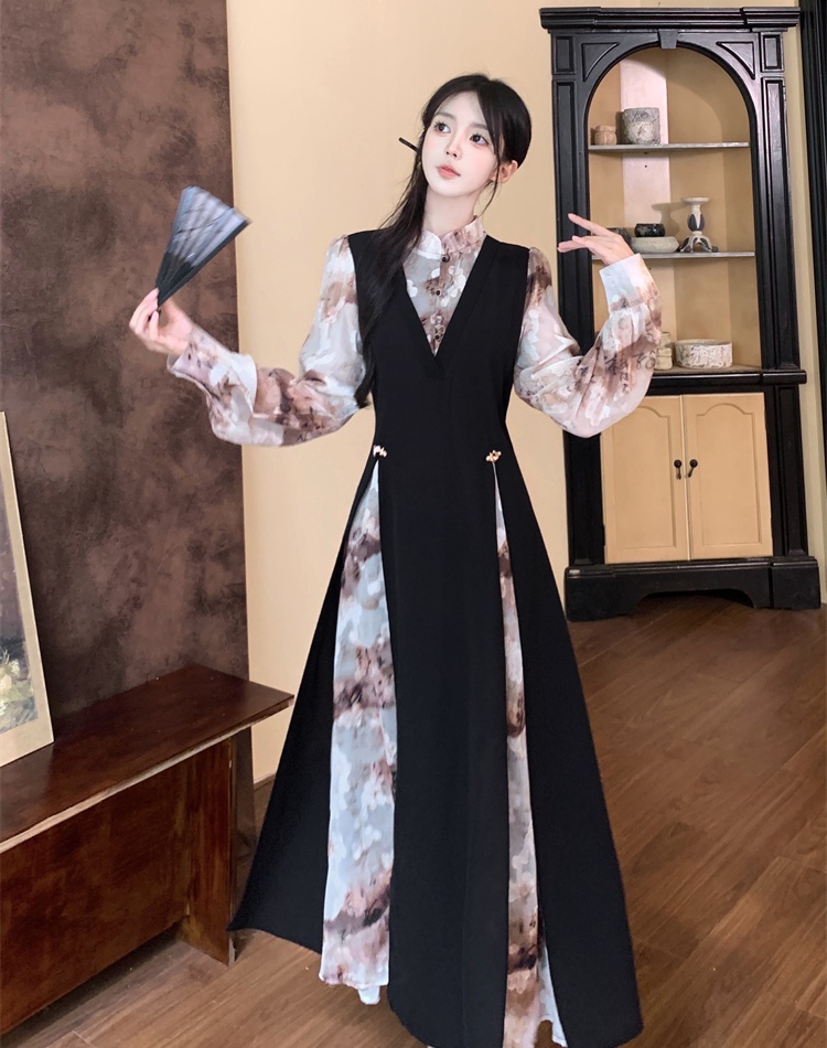 Chinese style black printing autumn dress for women