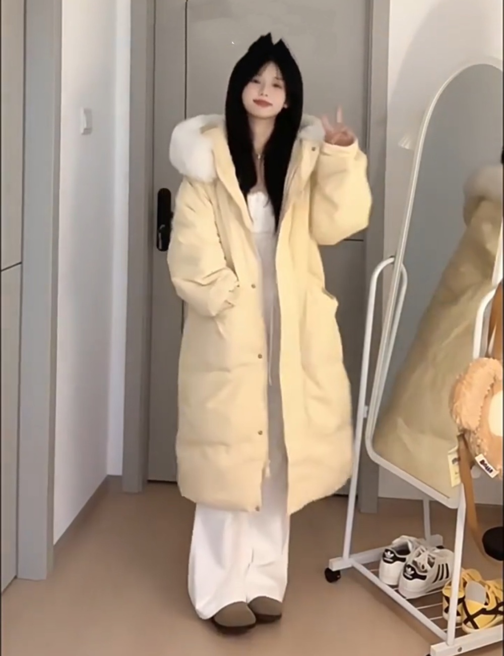 Hooded large fur collar coat long cotton coat