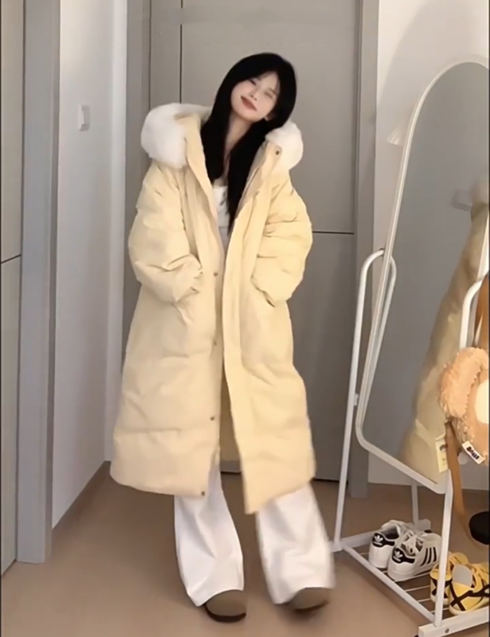 Hooded large fur collar coat long cotton coat