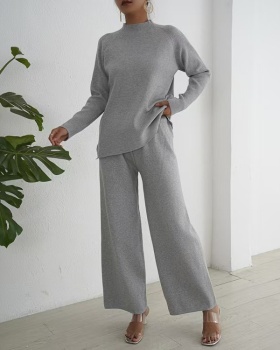 Split lazy sweater long sleeve wide leg pants 2pcs set