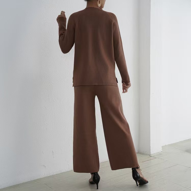 Split lazy sweater long sleeve wide leg pants 2pcs set