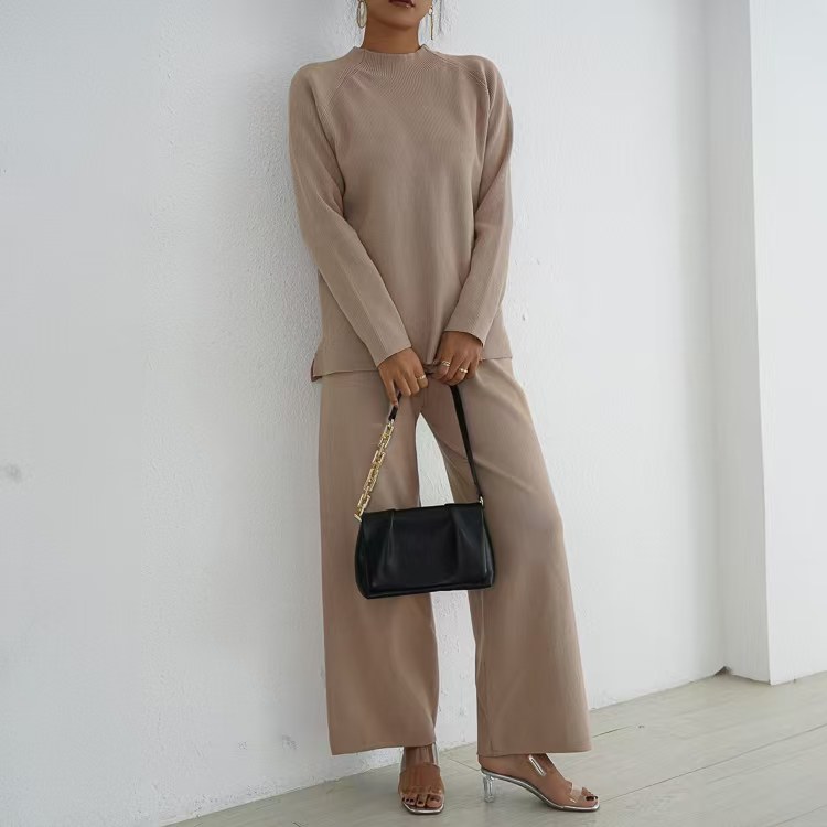 Split lazy sweater long sleeve wide leg pants 2pcs set