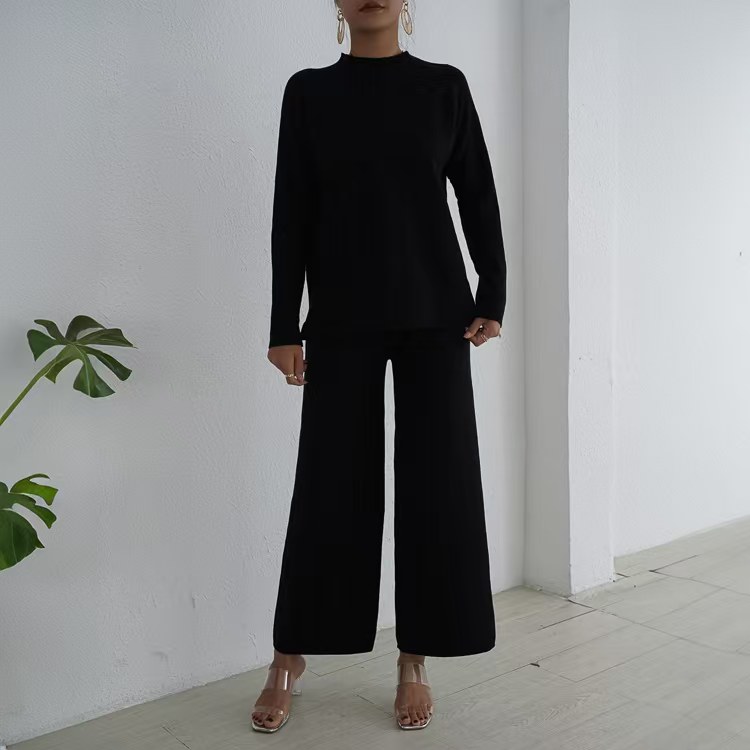 Split lazy sweater long sleeve wide leg pants 2pcs set