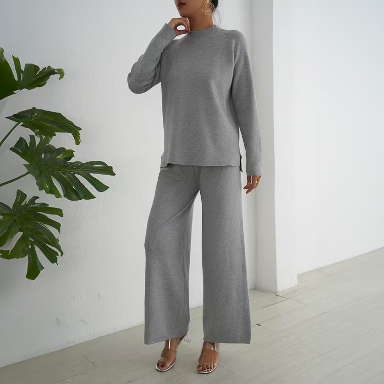 Split lazy sweater long sleeve wide leg pants 2pcs set