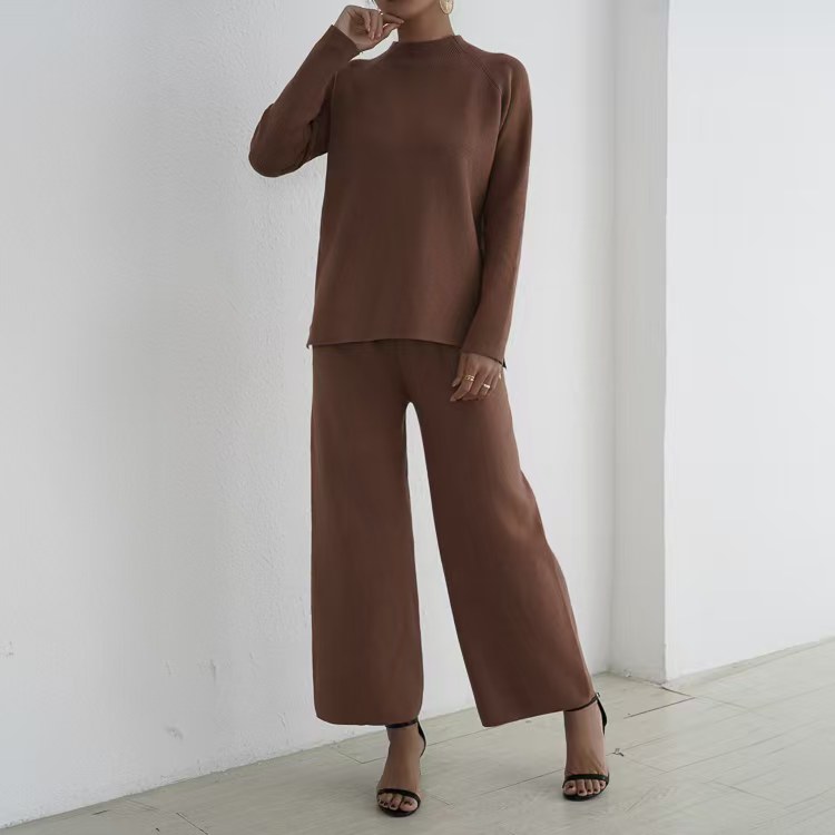 Split lazy sweater long sleeve wide leg pants 2pcs set