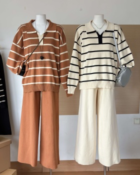 Mixed colors V-neck tops knitted wide leg pants 2pcs set