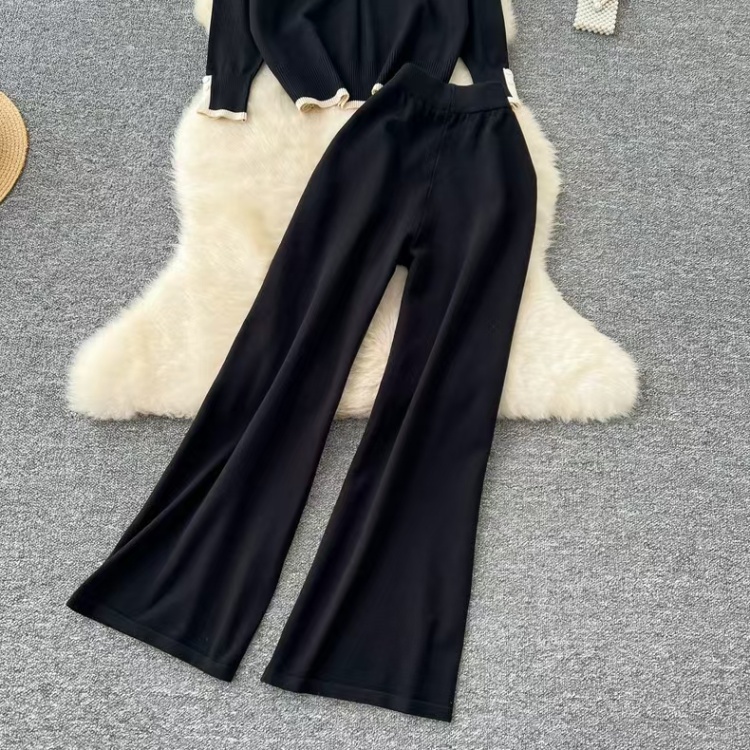 Slim tops fashion wide leg pants 2pcs set for women