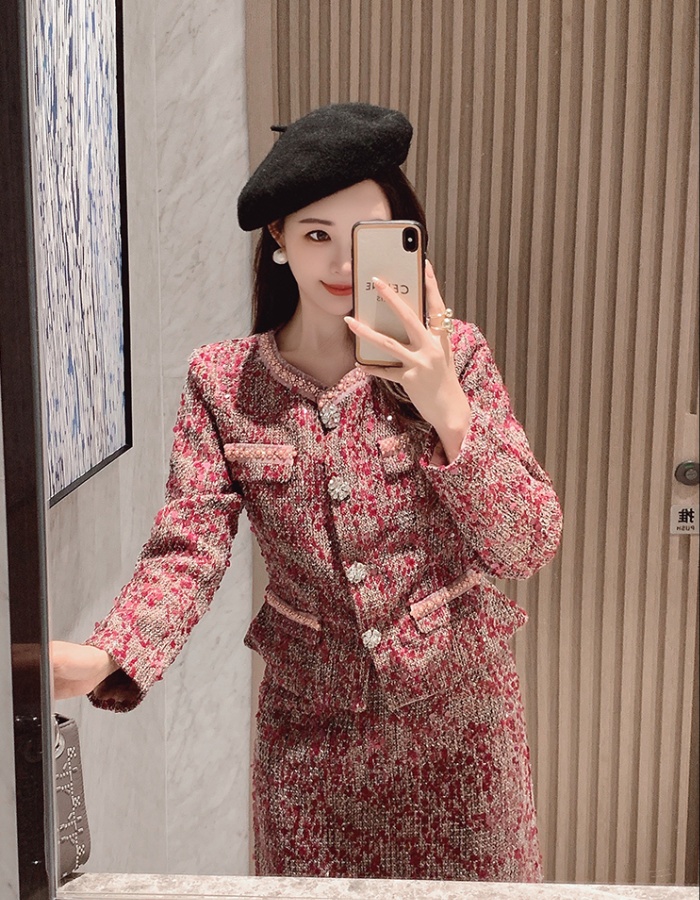 Autumn and winter short coat round neck skirt a set for women