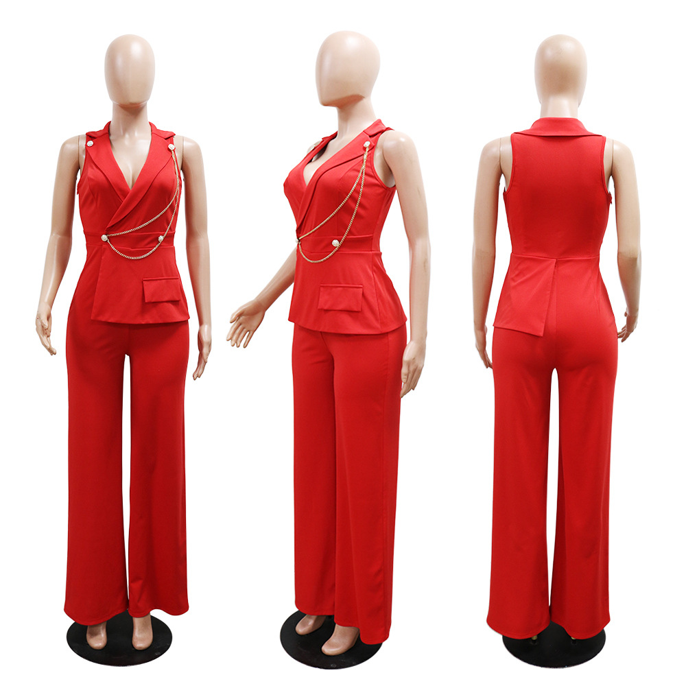 V-neck fashion jumpsuit European style wide leg pants