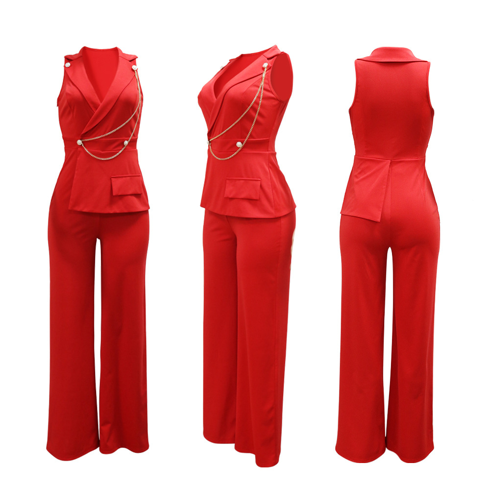 V-neck fashion jumpsuit European style wide leg pants