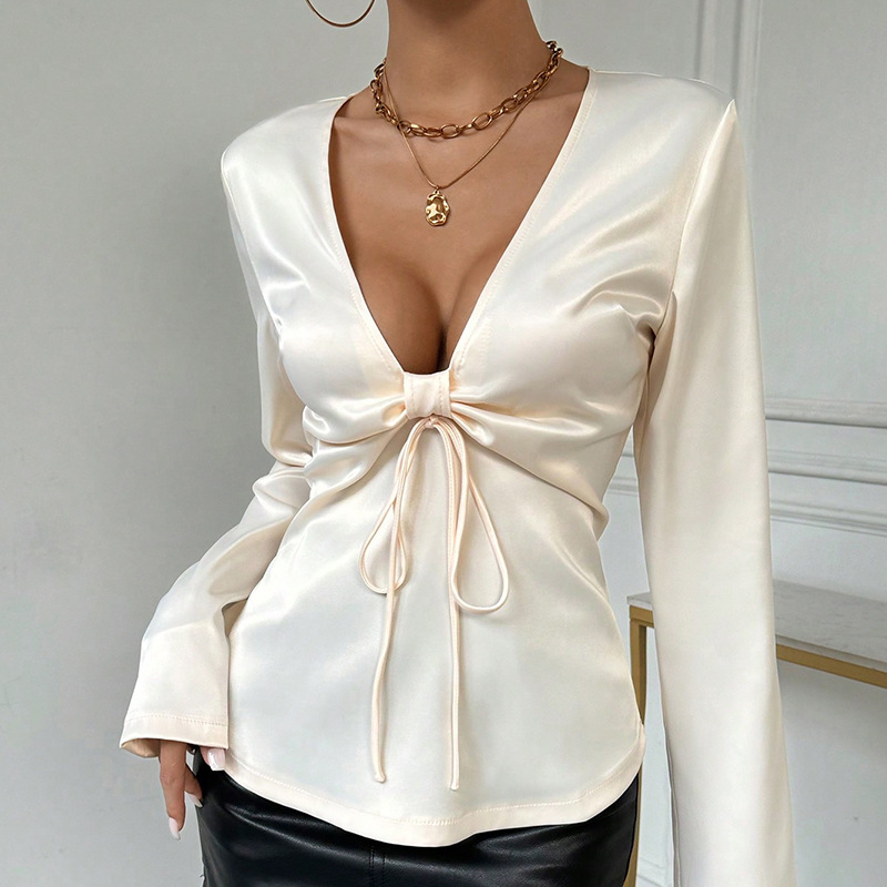 Long sleeve frenum bow tops European style V-neck sexy shirt