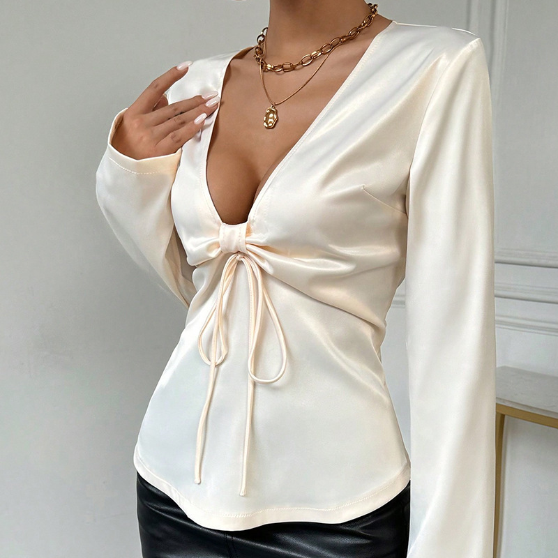 Long sleeve frenum bow tops European style V-neck sexy shirt