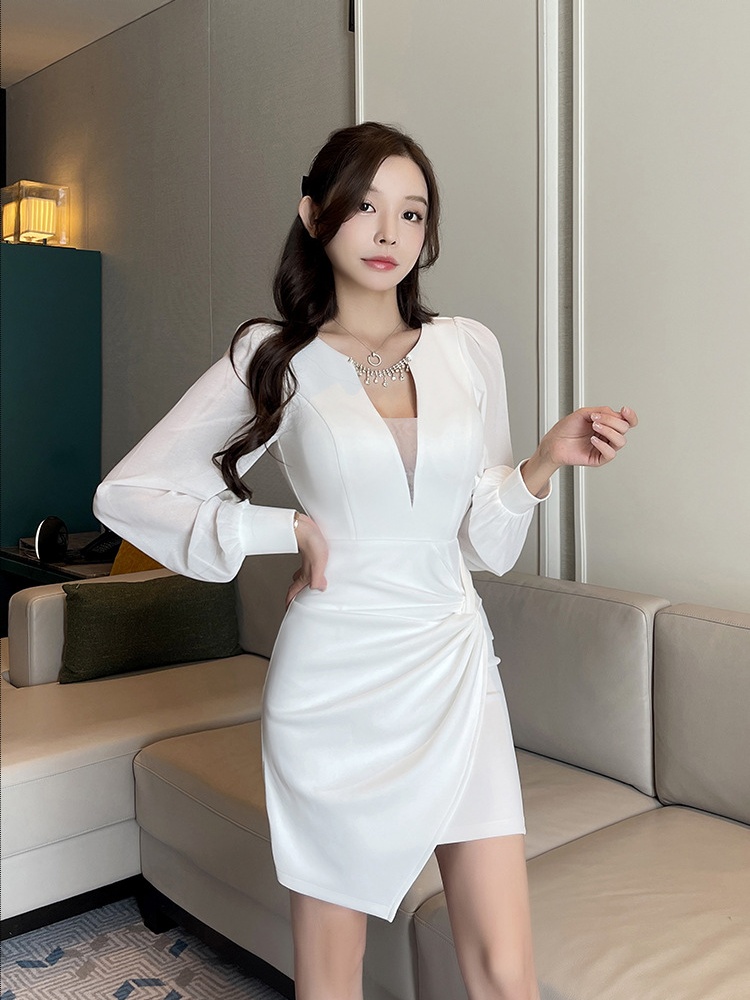 Package hip V-neck overalls sexy long sleeve dress