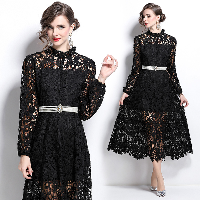 Vacation crochet lace long dress hollow France style dress