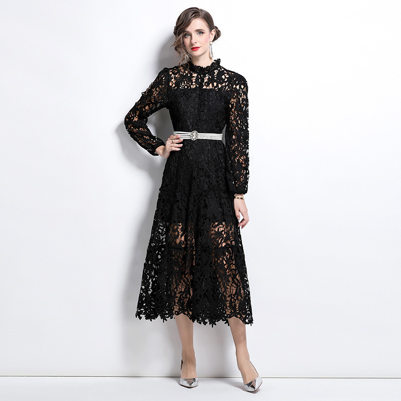 Vacation crochet lace long dress hollow France style dress