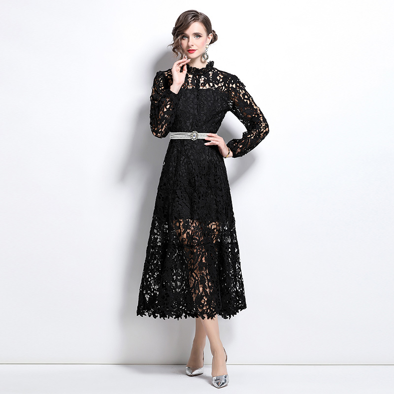 Vacation crochet lace long dress hollow France style dress