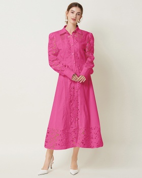 Hollow lace France style lapel autumn long sleeve retro dress