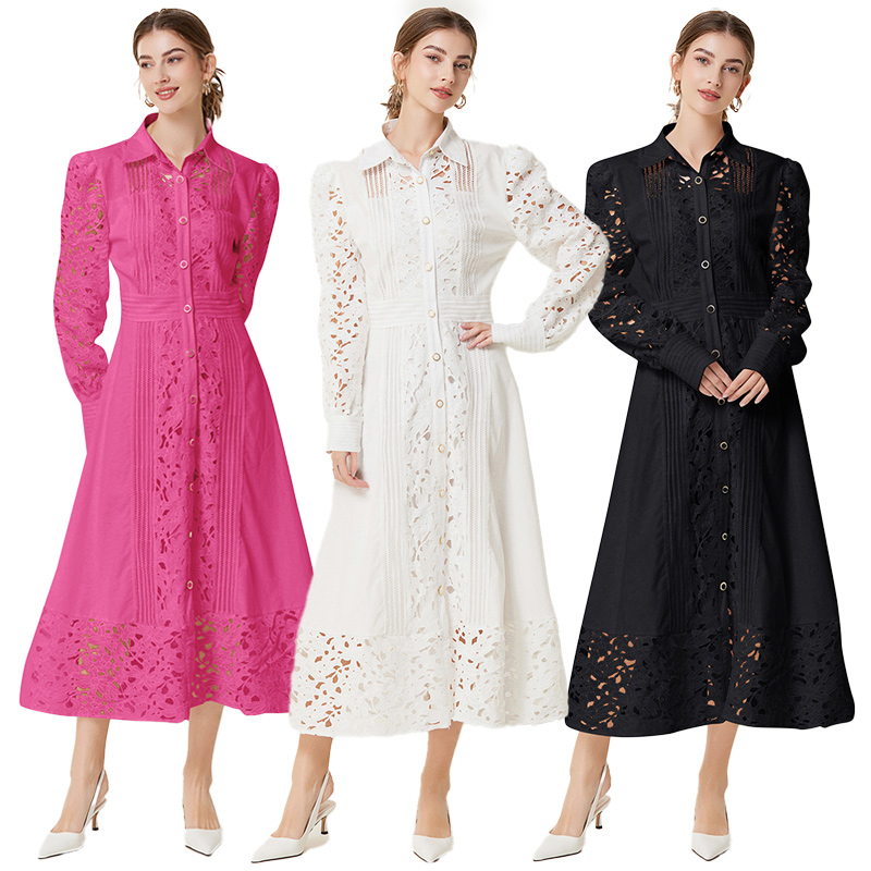 Hollow lace France style lapel autumn long sleeve retro dress