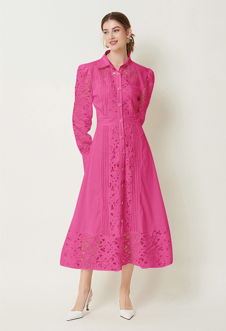 Hollow lace France style lapel autumn long sleeve retro dress