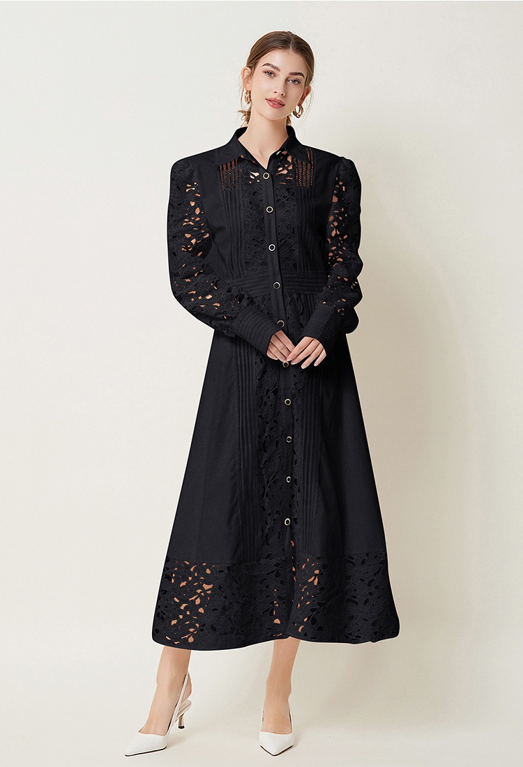 Hollow lace France style lapel autumn long sleeve retro dress