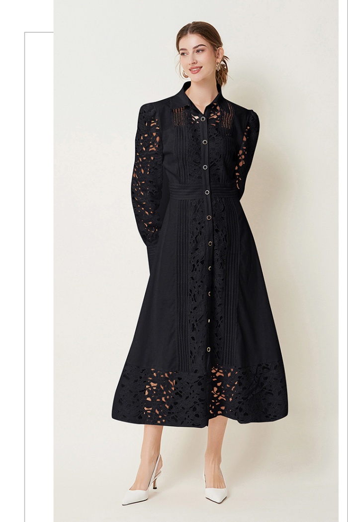 Hollow lace France style lapel autumn long sleeve retro dress