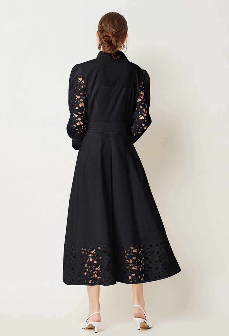 Hollow lace France style lapel autumn long sleeve retro dress