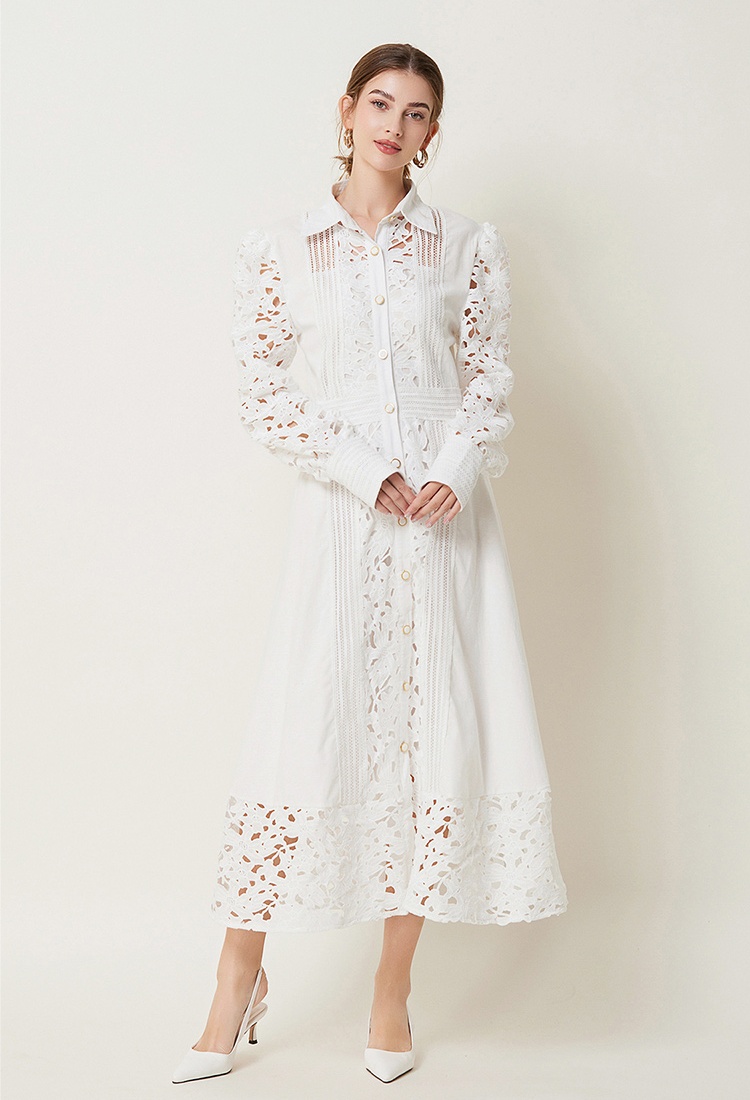 Hollow lace France style lapel autumn long sleeve retro dress