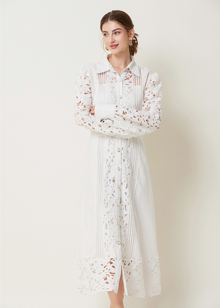 Hollow lace France style lapel autumn long sleeve retro dress